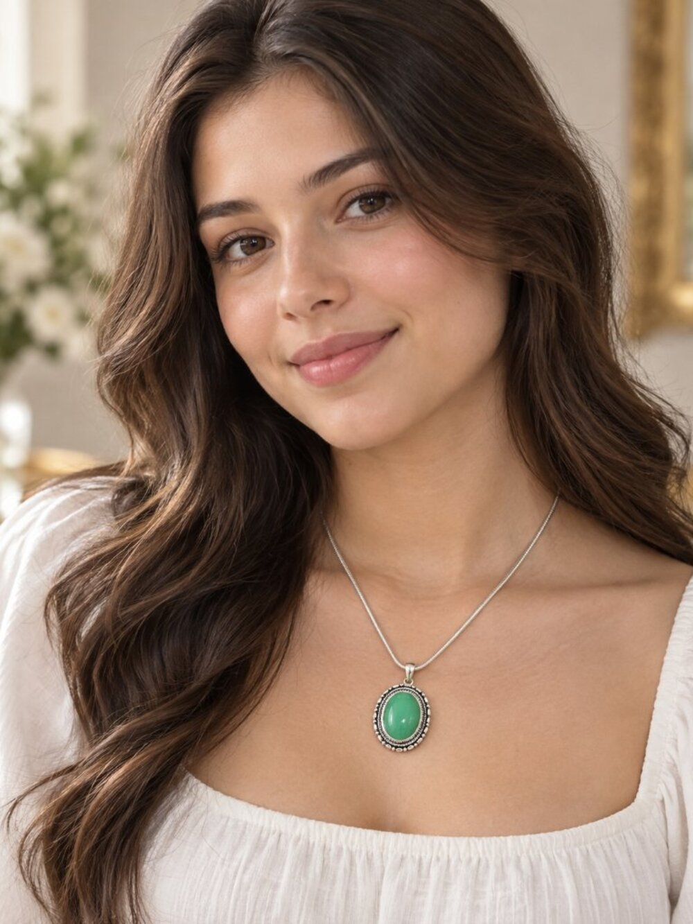 Green Oval Pendant Necklace Silver-Tone Frame 16" Chain + 3" Extension